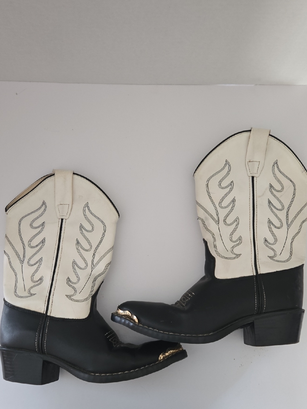Old West Kids Cream Synthetic Leather Cowboy Boots with Black Stitching